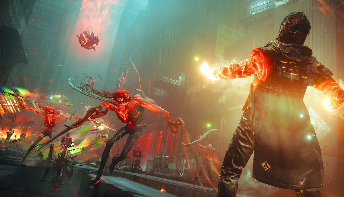 Dylan fighting Hiss-corrupted enemies in a rainy Control: Resonant street